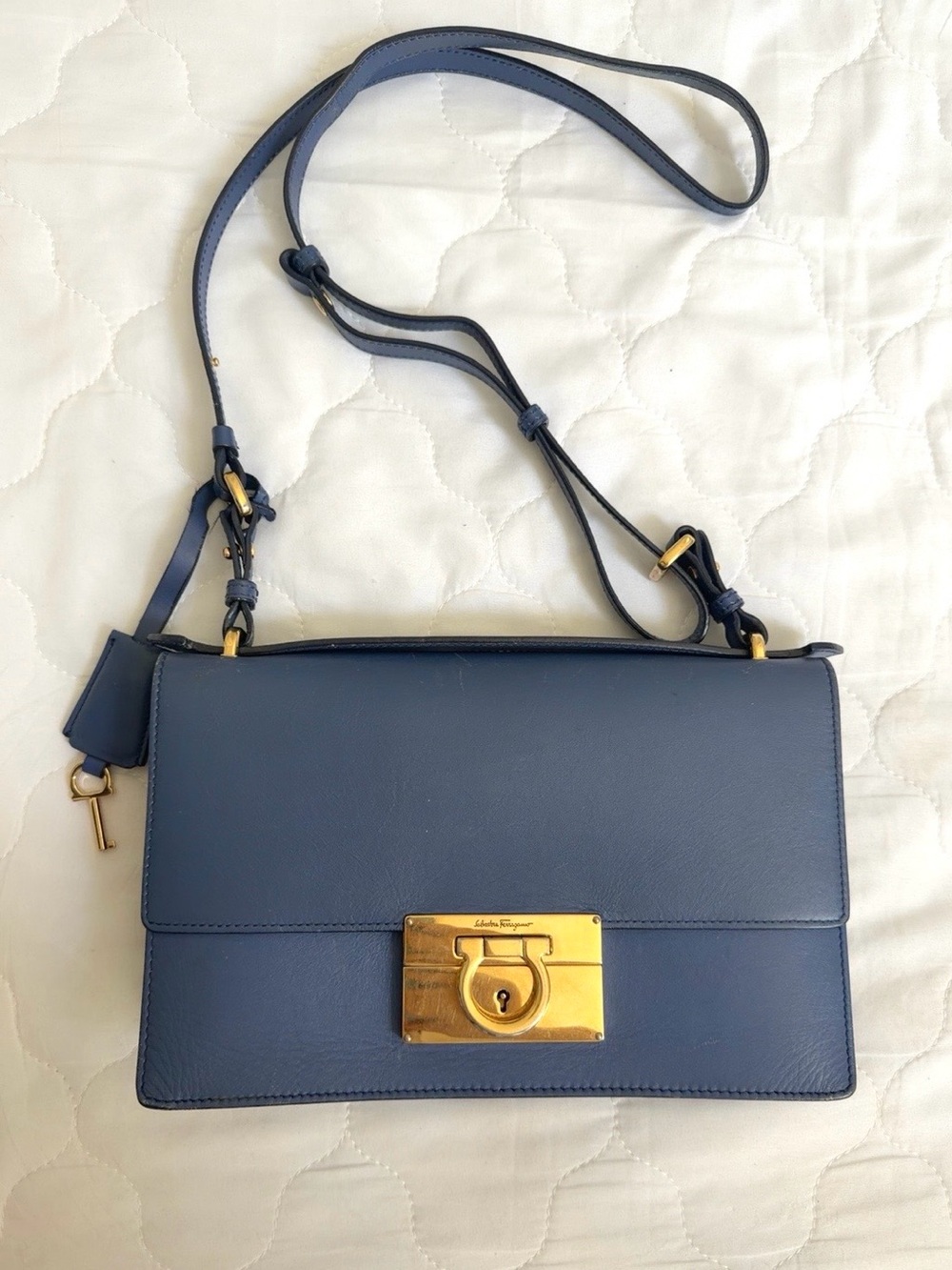Authentic Salvatore Ferragamo Gancini Navy Blue Leather Crossbody Top Handle Bag